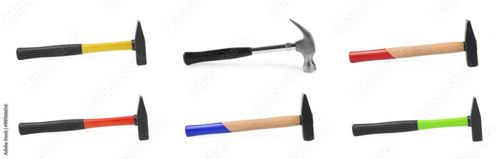 Collage with different hammers on white background Collage with different hammers on white background