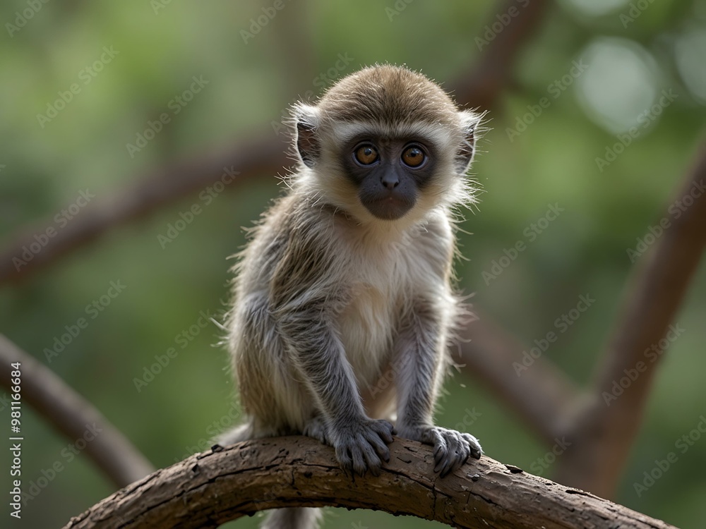 Baby vervet monkey sitting alone in a tree. Baby vervet monkey sitting alone in a tree.