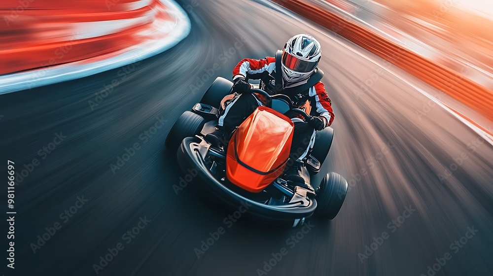 Obraz premium A go-kart racer speeds around a track, showcasing the thrill of motorsport.