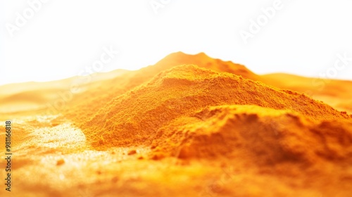 Close-up image of a vibrant yellow-orange turmeric powder pile against a white background, highlighting the texture and color of the spice. photo