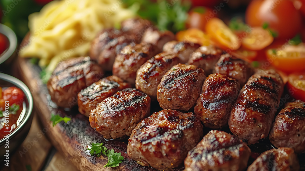 A close-up cinematic shot of an artistic plate of grilled meats, featuring rich textures, soft lighting, and vibrant colors that create a mouth-watering visual. A close-up cinematic shot of an artistic plate of grilled meats, featuring rich textures, soft lighting, and vibrant colors that create a mouth-watering visual.
