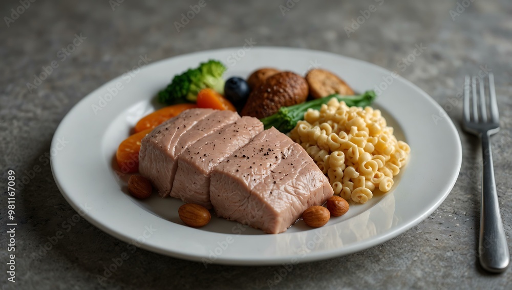 Balanced meal of lean proteins on a clean plate. Balanced meal of lean proteins on a clean plate.