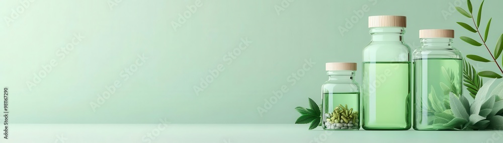 Herbal extracts in glass bottles, nature-inspired backdrop, 3D illustration Herbal extracts in glass bottles, nature-inspired backdrop, 3D illustration