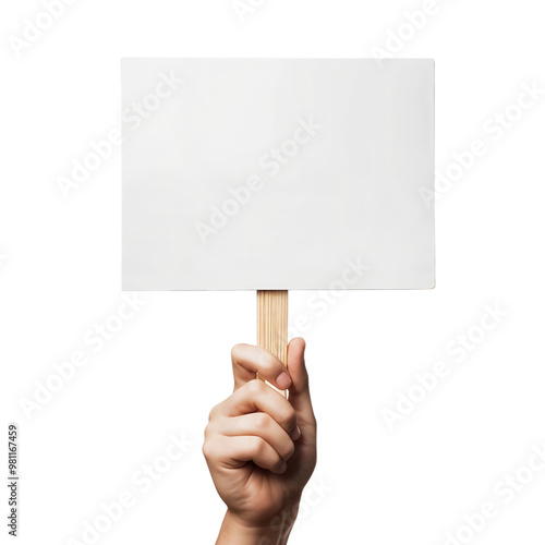 Hand holding blank protest sign, isolated on transparent background photo