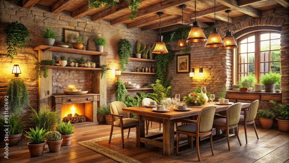 A cozy Italian dining room with soft lighting, rustic wooden details, and the inviting scent of fresh herbs, ideal for a warm and intimate gathering. A cozy Italian dining room with soft lighting, rustic wooden details, and the inviting scent of fresh herbs, ideal for a warm and intimate gathering.