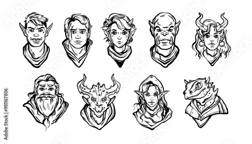 Fantasy character face collection, vector dungeon dragon game avatar set, medieval warrior, troll. Magic legend RPG hero kit, male female elf, scary creature, beard dwarf portrait. Fantasy character