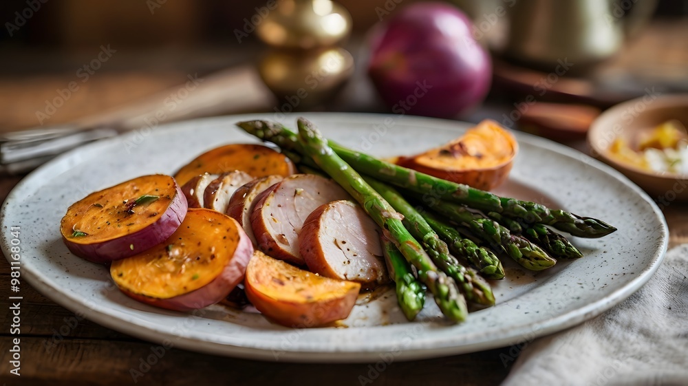Rustic charm of a kitchen island with a vibrant plate of juicy turkey slices, roasted sweet potatoes, grilled asparagus spears, and caramelized onions Rustic charm of a kitchen island with a vibrant plate of juicy turkey slices, roasted sweet potatoes, grilled asparagus spears, and caramelized onions