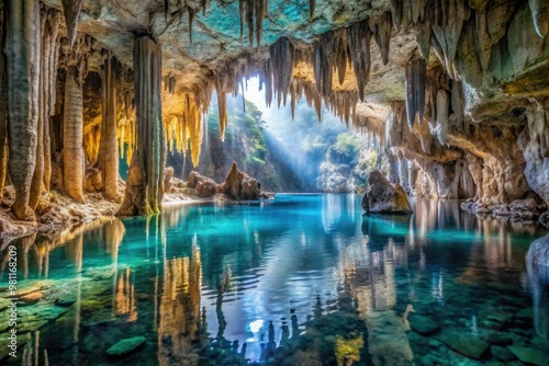 A crystal-clear underwater cave in Aktun Chen National Park features majestic stalactites and stalagmites, a breathtaking sight to behold in the depths of the ocean. photo