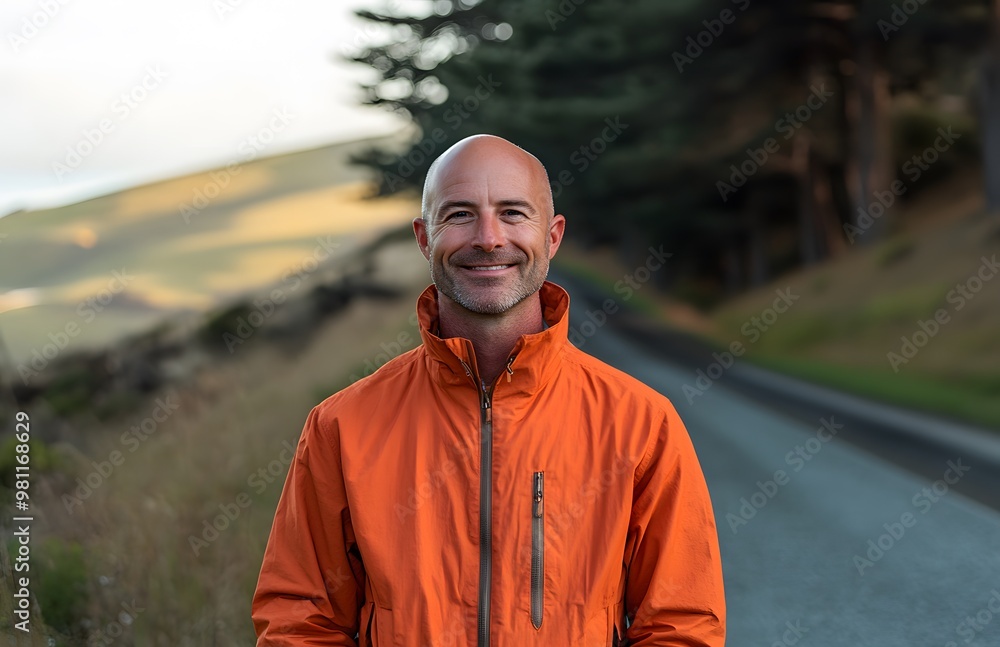 smiling bald man wearing orange jacket standing on a rural road smiling bald man wearing orange jacket standing on a rural road