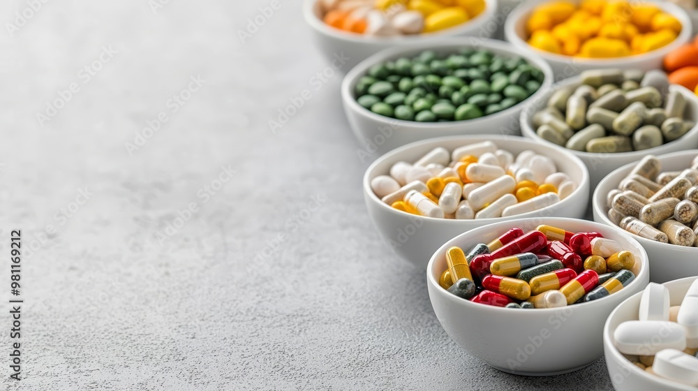 Assorted dietary supplements in bowls, displayed on a textured gray surface, showcasing natural ingredients and holistic health Assorted dietary supplements in bowls, displayed on a textured gray surface, showcasing natural ingredients and holistic health