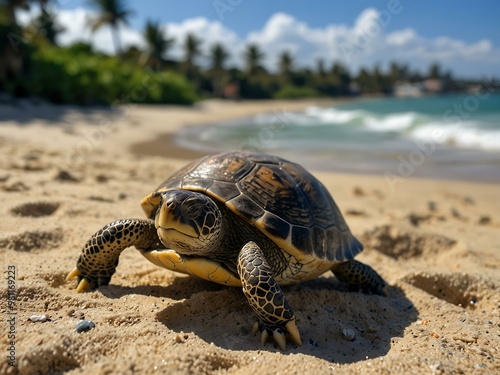 Beachside bliss with a charming turtle in paradise. photo