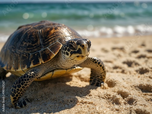 Beachside bliss with a charming turtle in paradise. photo