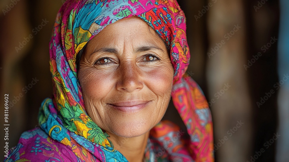 confident and smiling woman with a brightly colored head scarf, embodying a stylish and cultural look that reflects both beauty and a cheerful expression confident and smiling woman with a brightly colored head scarf, embodying a stylish and cultural look that reflects both beauty and a cheerful expression