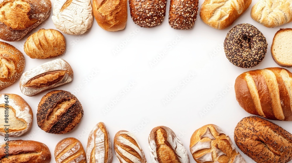 various fresh baked breads isolated on white form empty space for decorative frame designs, cards, backgrounds, banners and posters various fresh baked breads isolated on white form empty space for decorative frame designs, cards, backgrounds, banners and posters