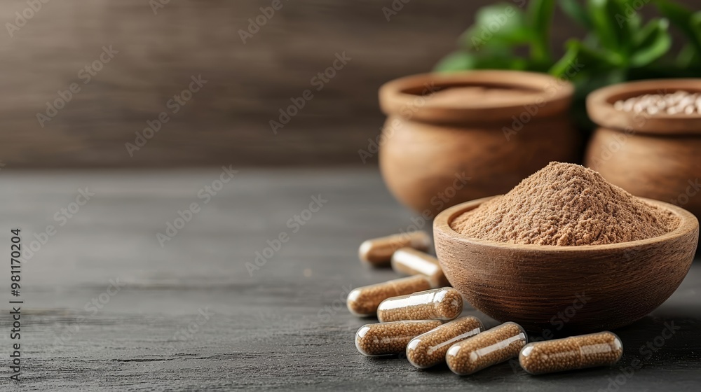 Rustic presentation of Psyllium Husk powder and capsules, emphasizing fiber's role in supporting a healthy digestive system Rustic presentation of Psyllium Husk powder and capsules, emphasizing fiber's role in supporting a healthy digestive system