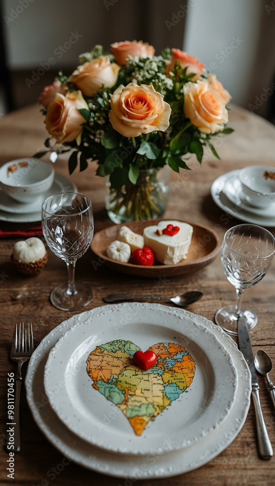 Beautifully set table with a world map plate and heart-shaped decorations. Beautifully set table with a world map plate and heart-shaped decorations.