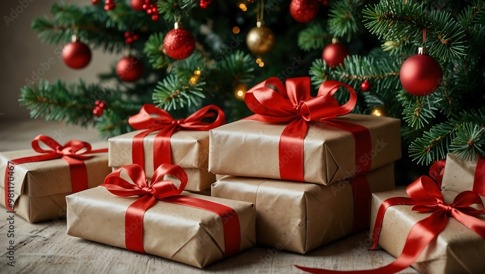 Beautifully wrapped Christmas presents with red ribbons under a decorated tree. Beautifully wrapped Christmas presents with red ribbons under a decorated tree.