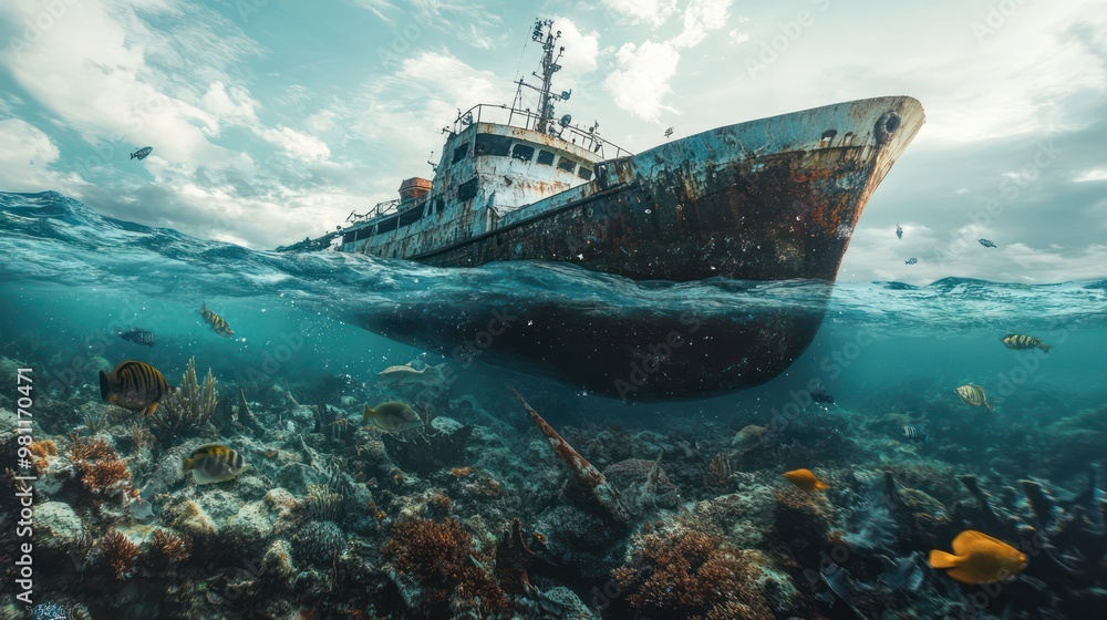 Fototapeta premium Ship noise pollution affects aquatic animals in the sea
