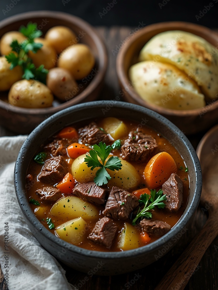 Beef and potato stew with fresh vegetables and rich broth for comfort Beef and potato stew with fresh vegetables and rich broth for comfort