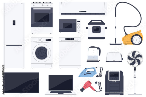 Household appliances. Electrical equipment for the kitchen, bathroom, living room. Sale and maintenance of equipment. Vector illustration