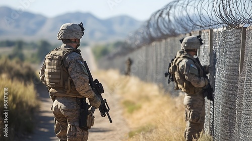 Soldiers patrolling near a barbed wire fence in a rugged landscape, ensuring security and monitoring the area.