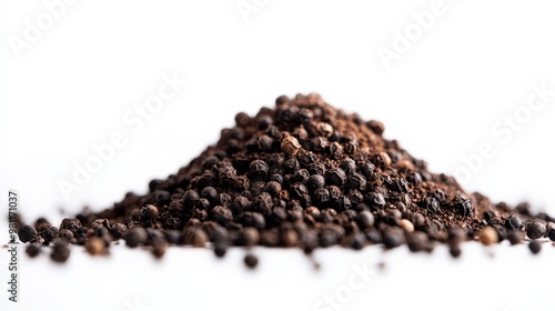 Close-up of a pile of black peppercorns on a white background. Ideal for cooking, spice, and culinary imagery.