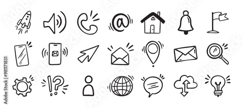 Contact doodle hand drawn icon. Isolated communication signs for business