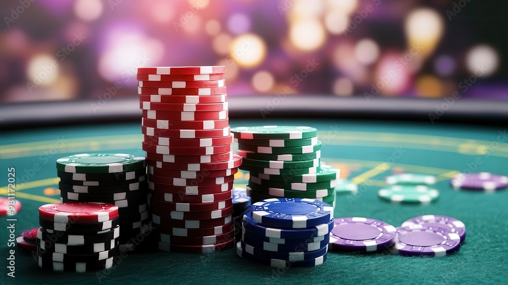 Casino chips stacked on a neonlit table, highstakes gambling, 3D illustration Casino chips stacked on a neonlit table, highstakes gambling, 3D illustration