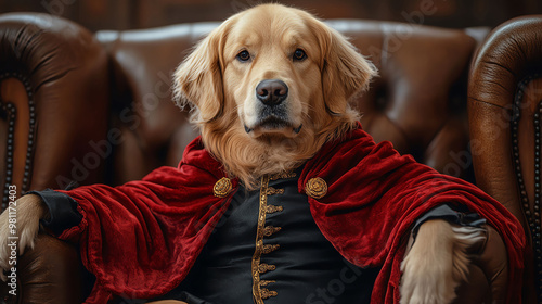 Golden retriever dressed as a vampire with a cape photo