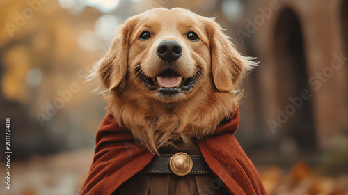 Golden retriever dressed as a vampire with a cape photo