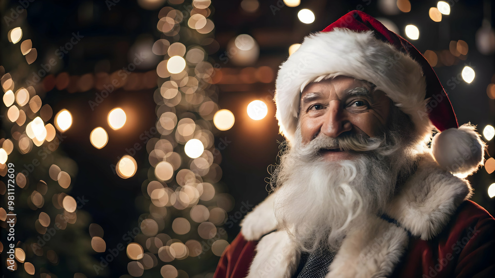 Enchanting Santa in Soft Focus: Capture the Warmth of His Smile Amidst Bokeh Lights for a Festive Photo Stock Concept Enchanting Santa in Soft Focus: Capture the Warmth of His Smile Amidst Bokeh Lights for a Festive Photo Stock Concept