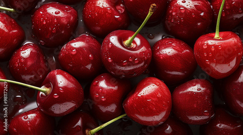 Pile of ripe cherries with stalks background