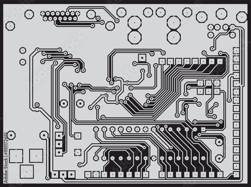 Tracing the conductors of printed circuit board
of electronic device. Vector engineering 
drawing of pcb. Electric background.
Computer technic cad design. Electronic pattern.