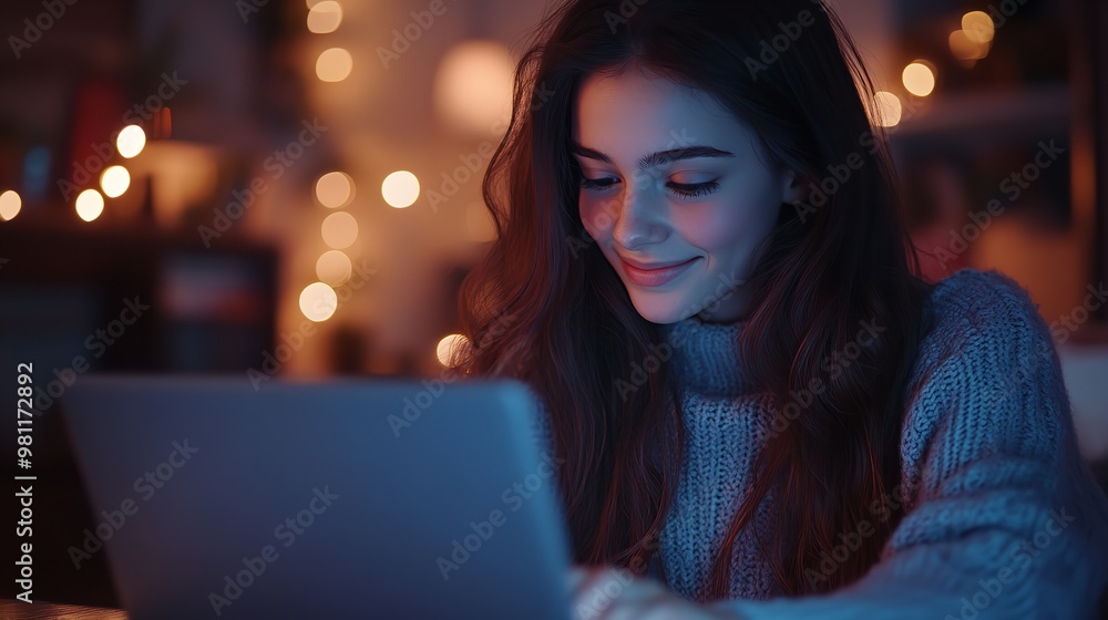 A cheerful woman in casual attire works on her laptop, smiling at the camera. She exudes confidence and professionalism A cheerful woman in casual attire works on her laptop, smiling at the camera. She exudes confidence and professionalism