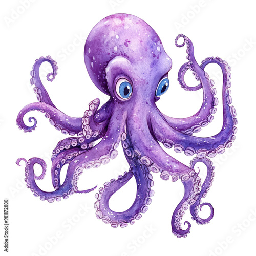 A playful octopus cartoon, animal character, watercolor illustration, vibrant purple hues, isolated on white background