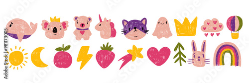 Cute kids doodle icon set, vector hand drawn baby animal funny illustration, color pencil sketch. Cartoon childish scribble, unicorn, koala, moon, star, naive wax crayon art. Kids doodle collection