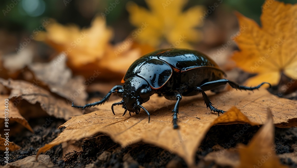 Black and orange beetle with long horns on fallen leaves. Black and orange beetle with long horns on fallen leaves.