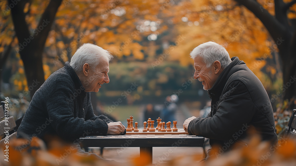 Two senior men playing chess in the park. They are looking at each other and smiling. Two senior men playing chess in the park. They are looking at each other and smiling.