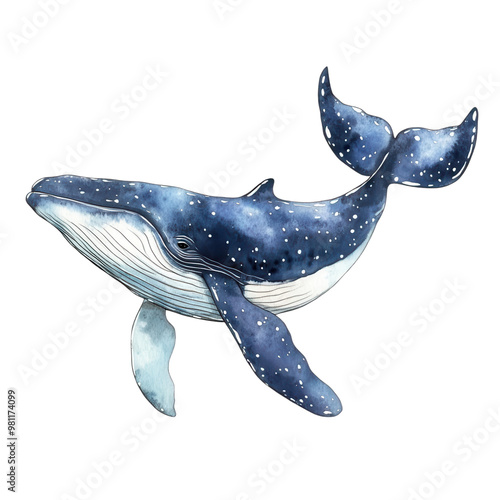A swimming whale cartoon, animal character, watercolor illustration, deep sea blue tones, isolated on white background