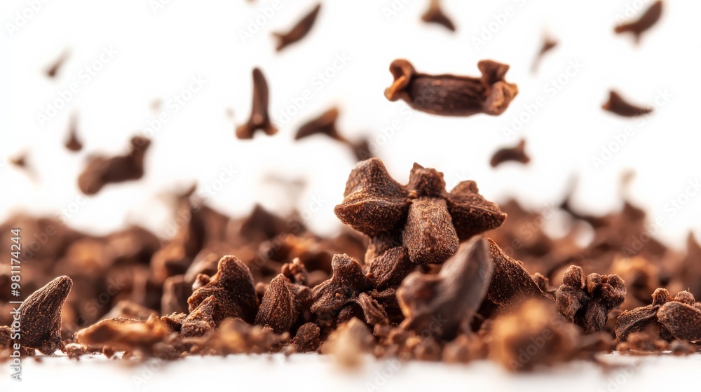 Close-up of aromatic dried cloves falling, showcasing texture and detail. Perfect for culinary, herbal remedies, and spice-related themes. Close-up of aromatic dried cloves falling, showcasing texture and detail. Perfect for culinary, herbal remedies, and spice-related themes.