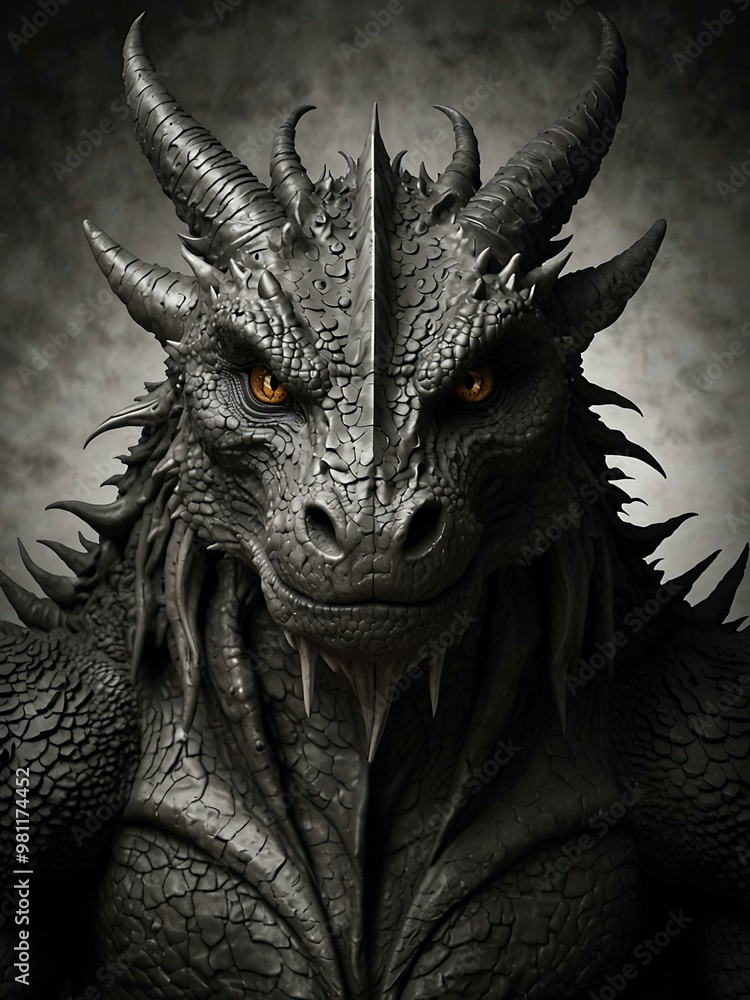 Black and white dragon drawing with horns. Black and white dragon drawing with horns.