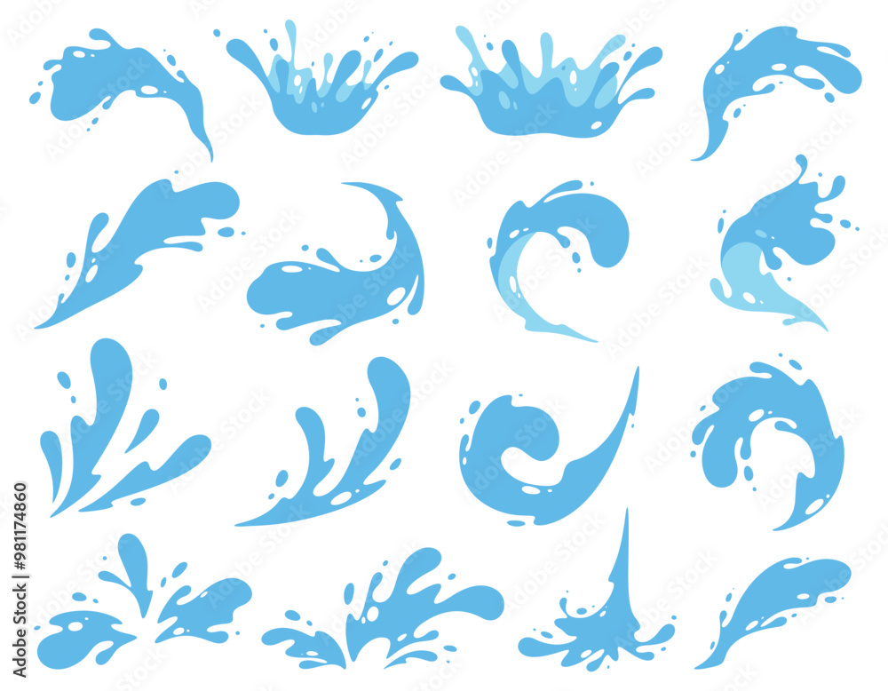 Fototapeta premium Water splashes. Fluid flow. Icon elements for advertising water delivery. Blue water. Vector illustration