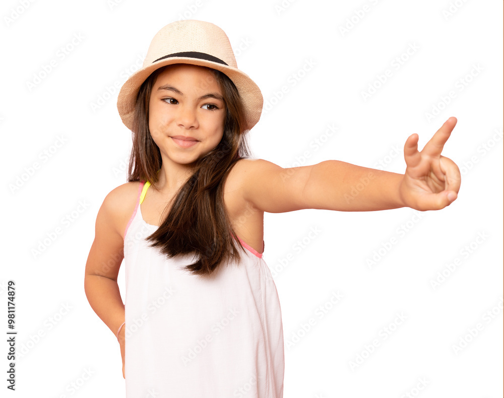 little girl wearing straw hat showing peace symbol standing isolated over transparent background. little girl wearing straw hat showing peace symbol standing isolated over transparent background.