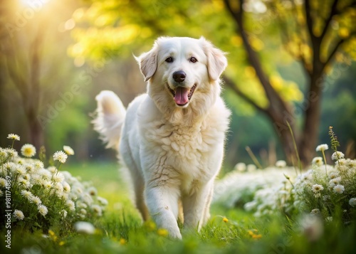 Majestic white Kuvasz dog with piercing brown eyes and fluffy coat runs freely in a lush green park with blooming flowers on a sunny day.