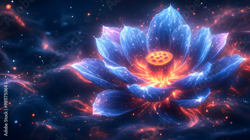 Abstract glowing blue lotus flower with red fire inside.