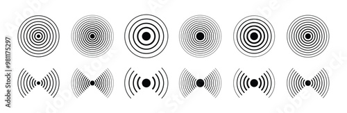 Sonar sound waves icon set. Concentric circle sign