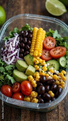 Black bean and corn salad with lime dressing in a meal prep container.