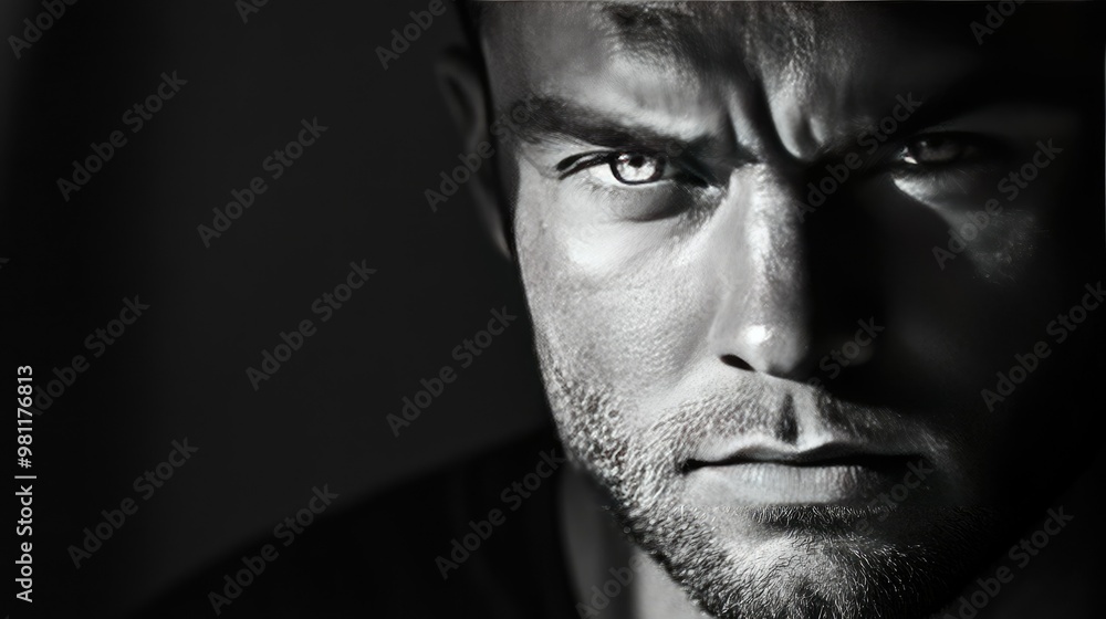 A black and white portrait of a serious-looking man, with strong shadows highlighting his features.