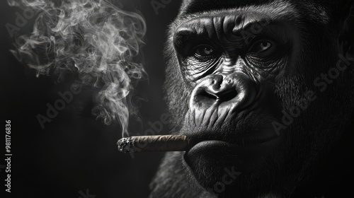 A black-and-white close-up of a gorilla smoking a cigar, exuding intensity and power. photo