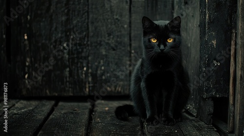 A black cat with piercing yellow eyes sitting on a black wooden floor, blending into its surroundings.